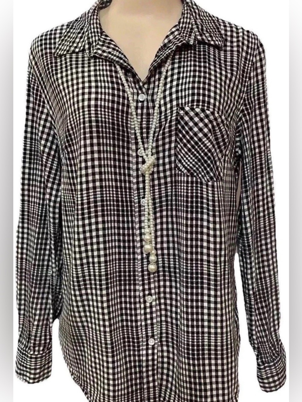 Merona womens top size S vintage Black White plaid work party shirt blouse cute